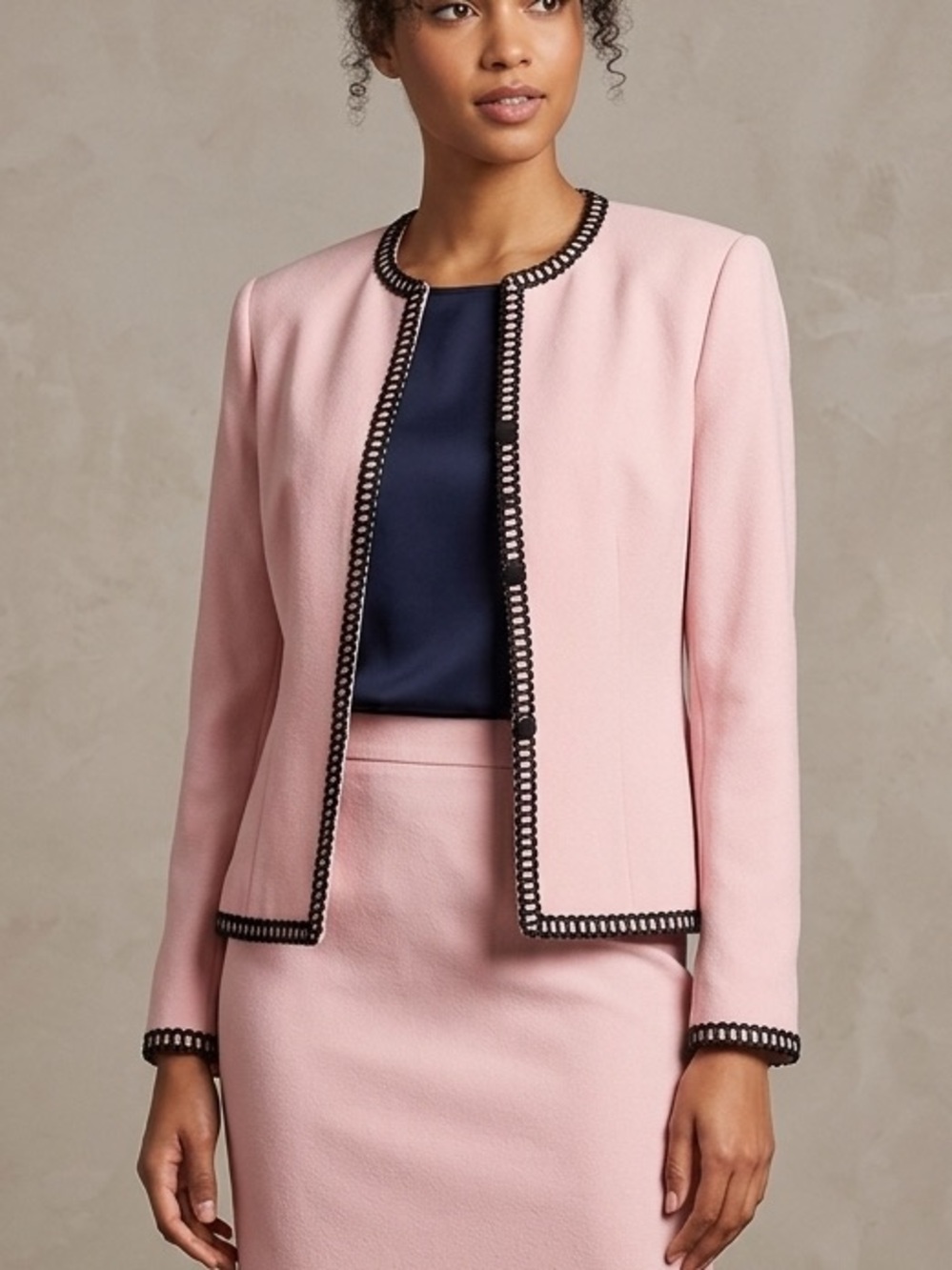 KASPER ASL Blazer Jacket Lined Embroidered Trim Vintage Pink Black Size 10